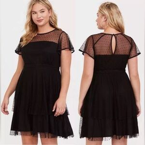 NWT TORRID BLACK ILLUSION MESH OVERLAY SKATER DRESS BEAUTIFUL SILHOUETTE!